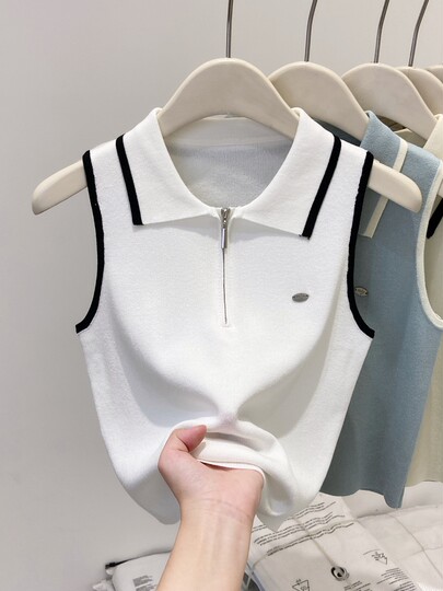 Half-zip polo shirt lapel sleeveless contrasting color knitted vest for women summer fashion high-end short top