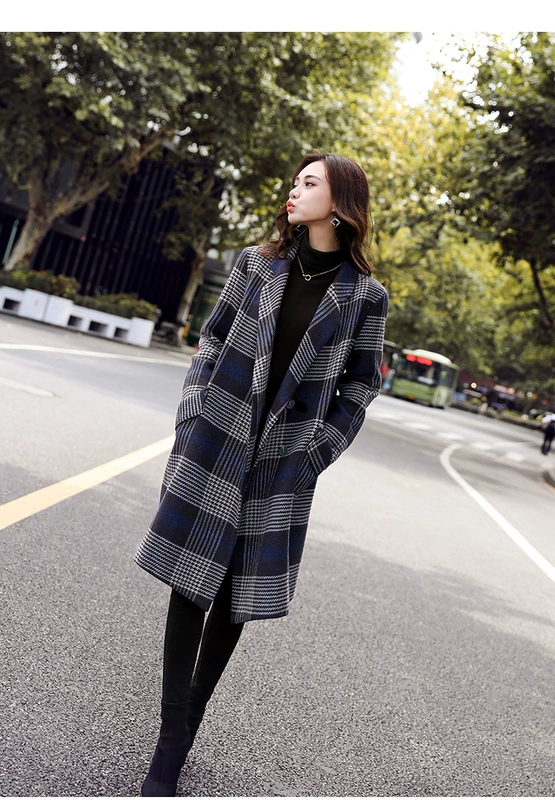 Áo len mùa thu và mùa đông nữ dài phiên bản Hàn Quốc 2018 mới sóng dày dày phổ biến áo khoác len tartan phổ biến