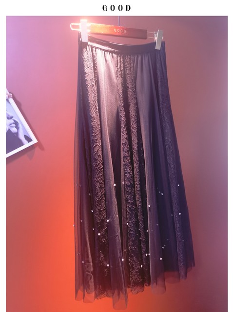 Fairy girly gauze skirt, diamond-encrusted lace, versatile spring and summer new elastic high-waisted A-line temperament half-length umbrella skirt