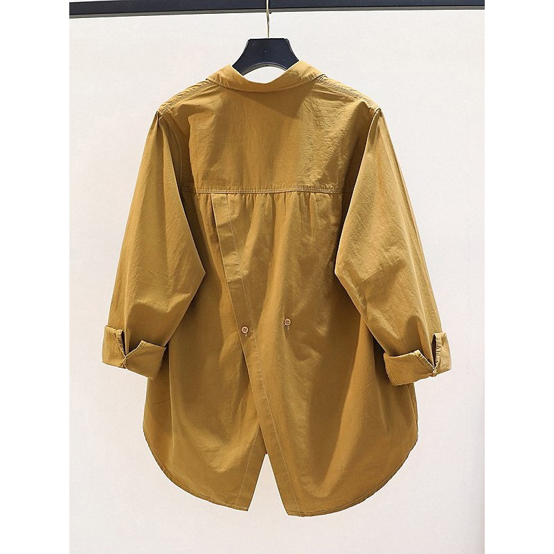 Clearance Sale Cotton Shirt with Slit for Women, New Korean Style Loose Fit Single Pocket Long Sleeve Blouse for Spring and Summer