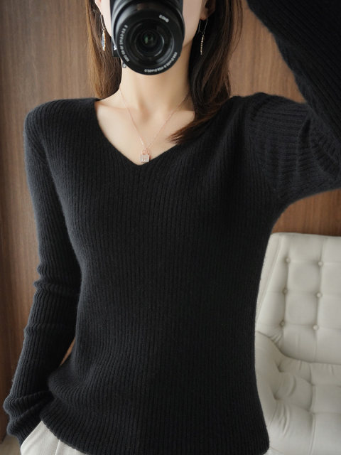 New worsted wool sweater sweater V-neck bottoming sweater solid color cashmere sweater large size slim fit sweater short pullover sweater