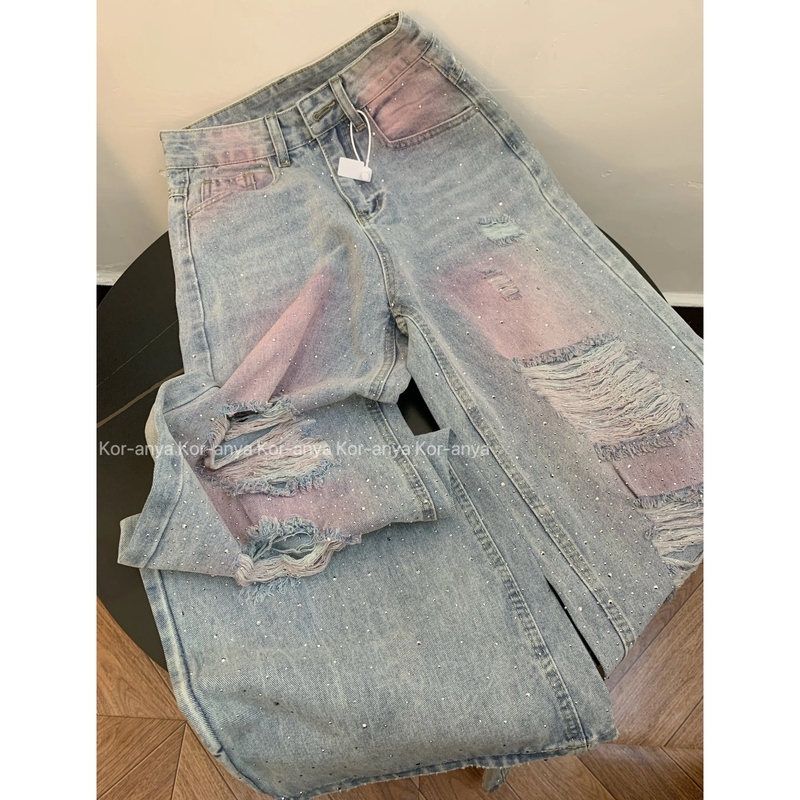 Kor-Anya American-Style Faded Distressed Rhinestone Wide-Leg Jeans for Women, Summer High-Waisted Slimming Straight Long Pants Kor-Anya American-Style Faded Distressed Rhinestone Wide-Leg Jeans for Women, Summer High-Waisted Slimming Straight Long Pants