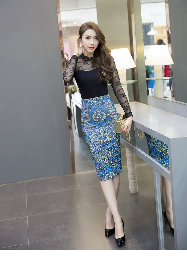 Slim High Waist Print Skirt Bag Hip Skirt Blue Printing OL Pencil Skirt Office Bodycon Midi Skirt Plus Size plaid skirt