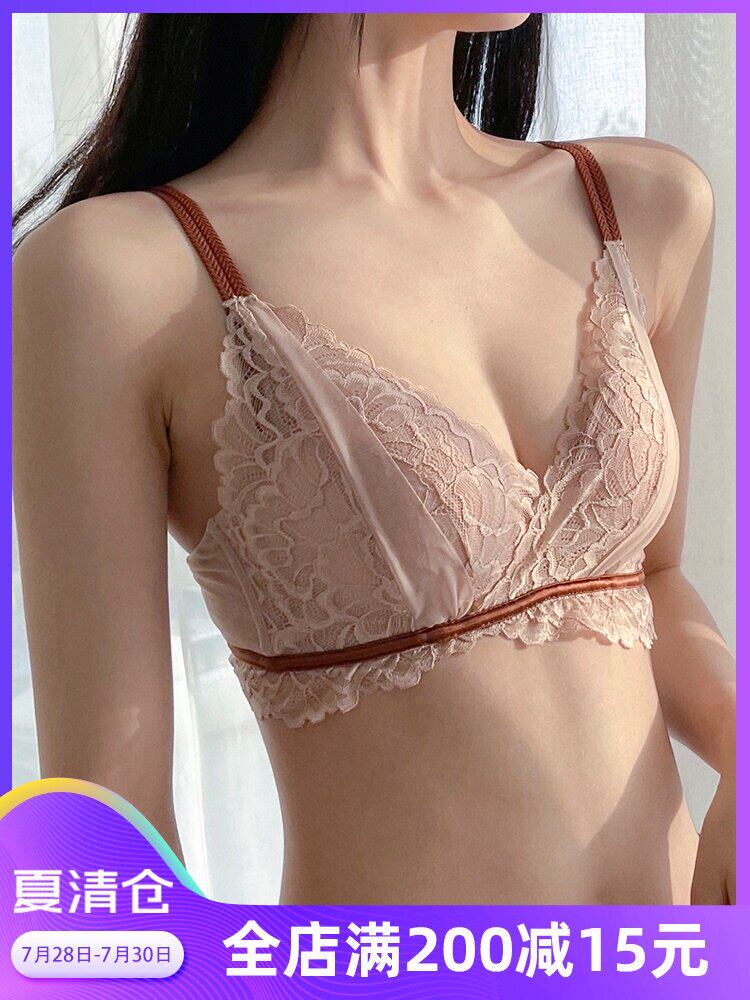 Flat chest slightly close not empty cup Contrast color V-neck asymmetrical lace underwear women without steel rims on the girl gathered bra