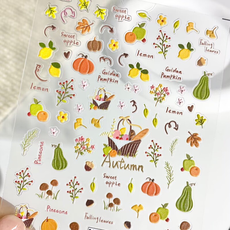 Autumn Picnic Season Fruit Pumpkin Mushroom Fallen Leaves 3D Relief Nail Stickers Waterproof Adhesive Nail Decoration