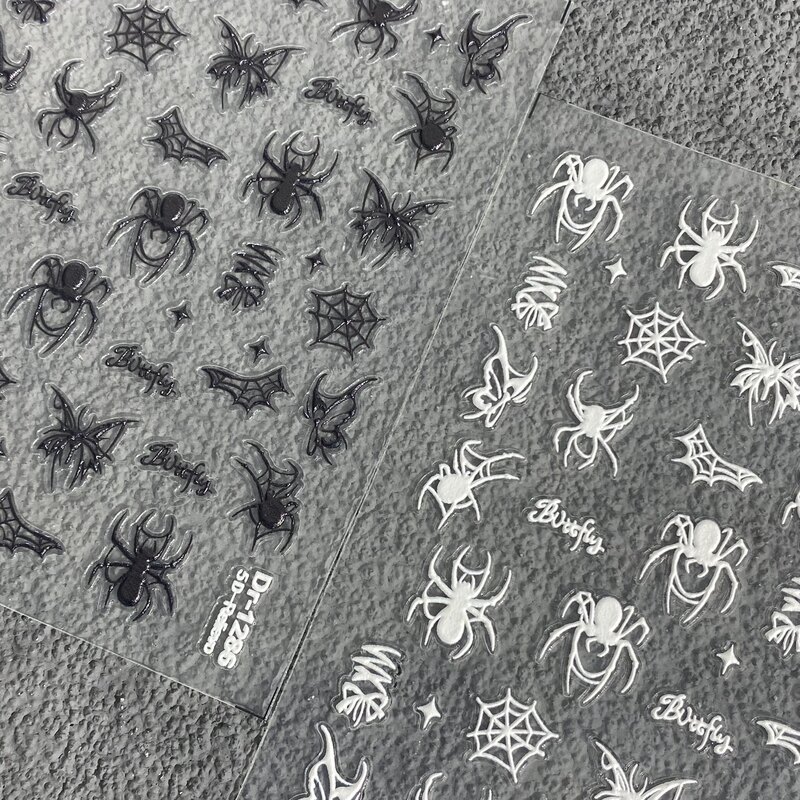 Retro Dark Style Spider Embossed Nail Art Stickers Simple Black and White Spider Web Waterproof Adhesive Nail Decoration Stickers