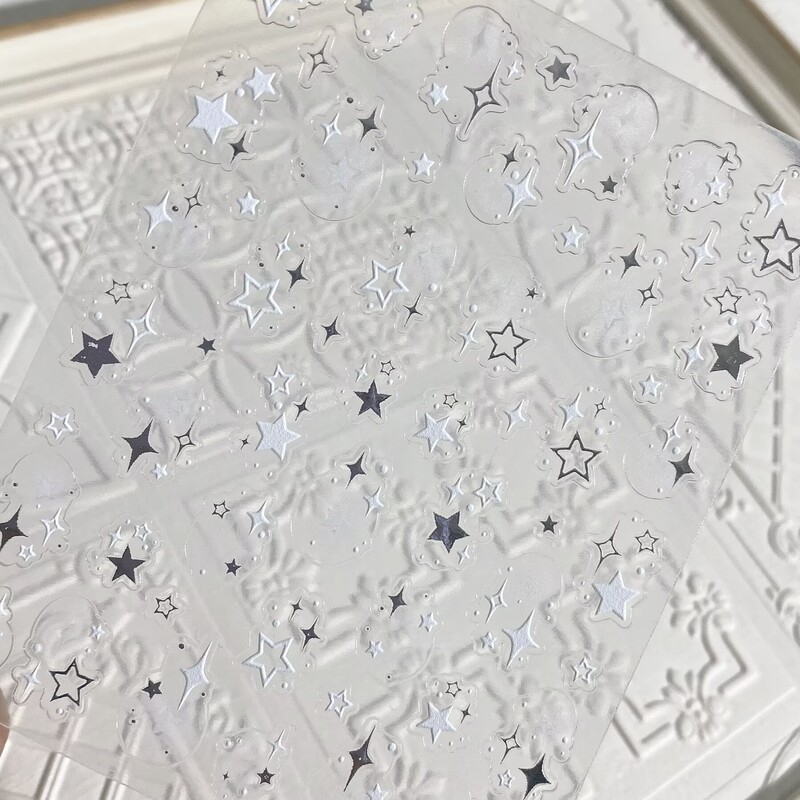Silver Smudged Star Embossed Nail Art Stickers, Three-Dimensional Starburst Five-Pointed Star Phone Case Tablet DIY Nail Stickers