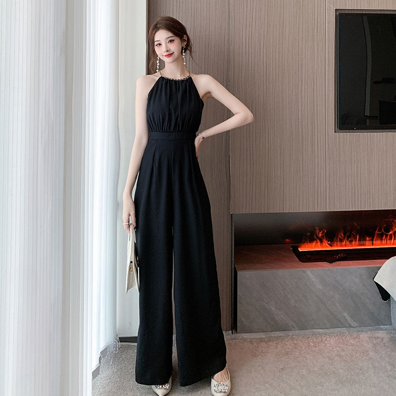 Summer New French-Style High-End Jumpsuit Women's Wide-Leg Pants Sleeveless Chain Halter Neck Jumpsuit Set