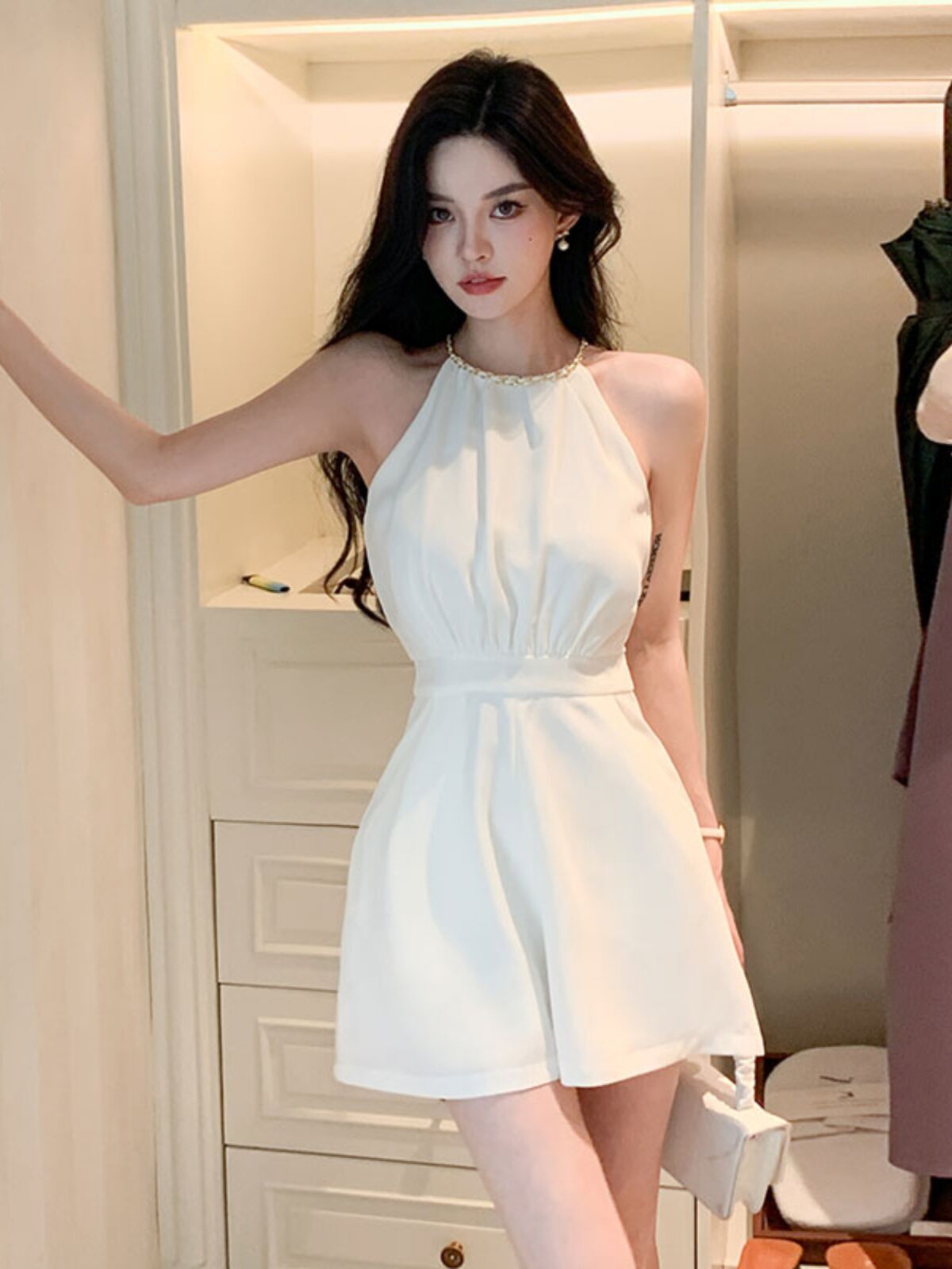 Women's Chain Strap Romper – White Ruched Fitted Sleeveless Wide Leg Short Jumpsuit for Summer