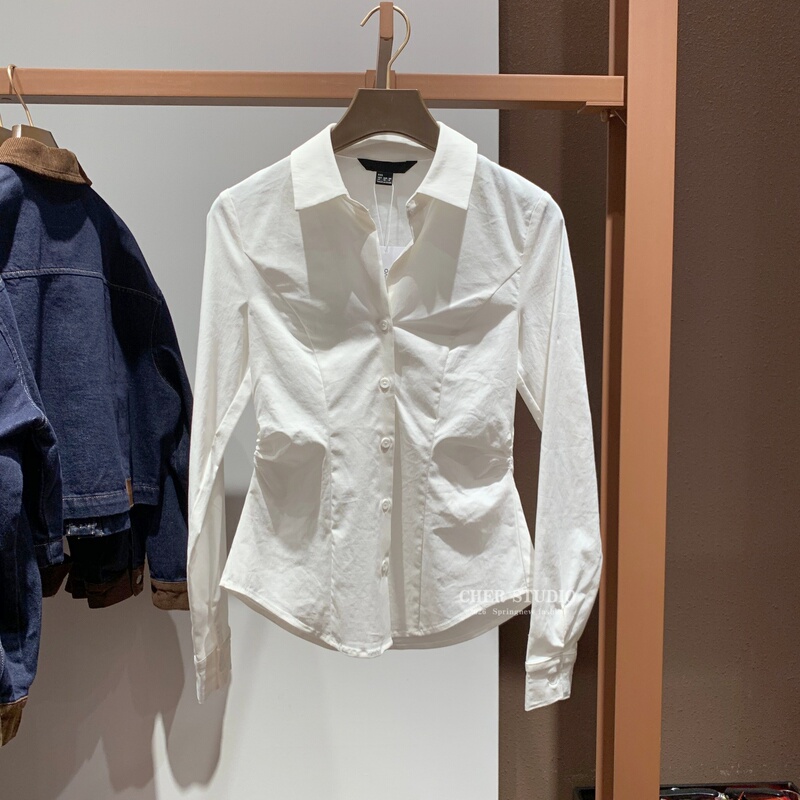 Urbfhm Women's Clothing 2026 Spring and Autumn New Style Elegant Simple Lapel Pleated Waist-Cinching Open-Front White Shirt Blouse