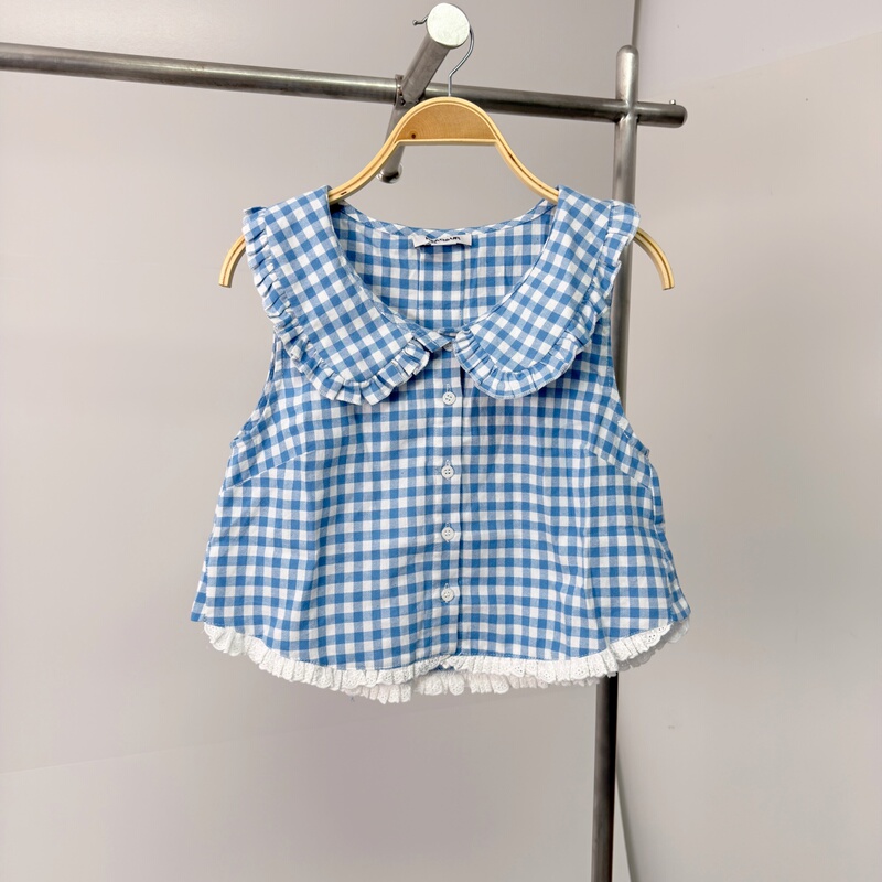 Urbfhm Vest 2026 Summer New Women's Casual Doll Collar Plaid Lace Hem Open-Front Shirt ins