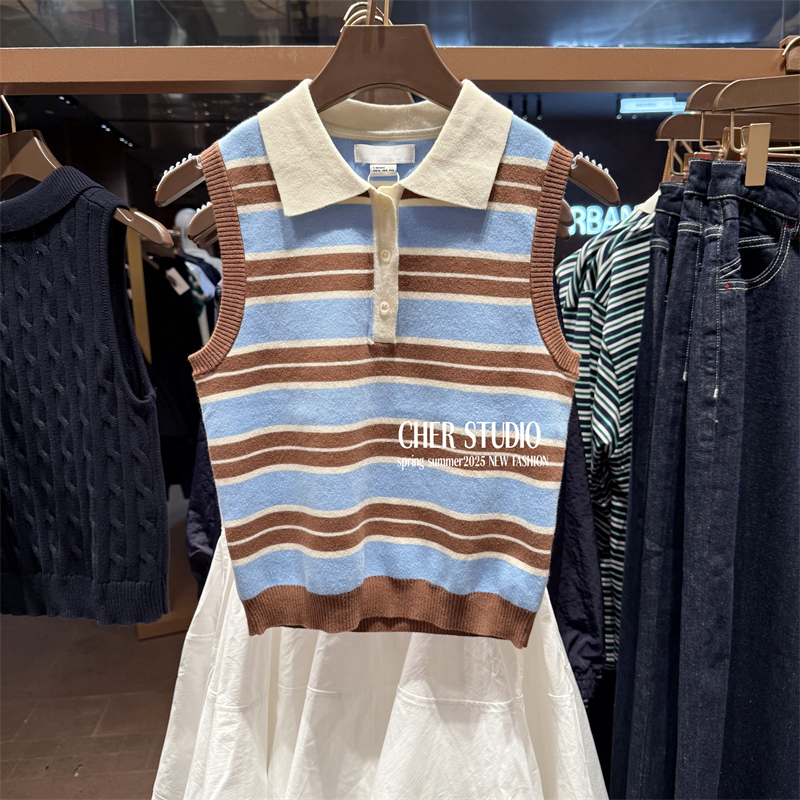 Ur&Bm2025 Spring and Summer New Style Women's Preppy Style Contrast Stripes Polo Button Sleeveless Knitwear Vest Top