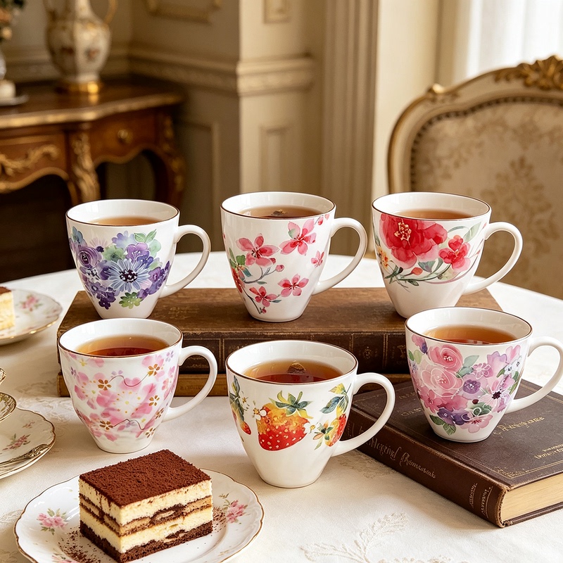 Japanese and Blue Cherry Blossom High-Appearance Value Ceramic Cup for Girls, Office Tea Brewing Milk Cup, Pastoral Coffee Cup