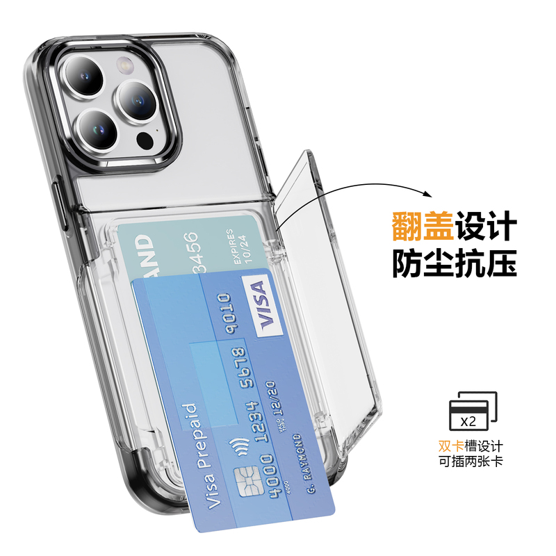 Flip Cover Transparent Card Holder Suitable for Apple 15 Pro Max Phone Case, Dual Card Slots, 14 Pro Full-Cover Hard Case, iPhone 13 Anti-Drop with Stand, Plus Card Holder for Small Cards and Id, 12 Unisex Model