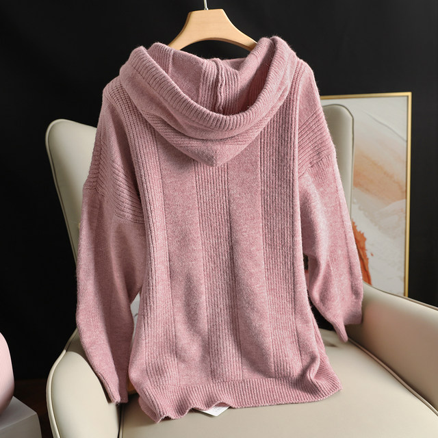 30 wool loose large version solid color vertical stripe lazy hooded sweater jacket spring women 024