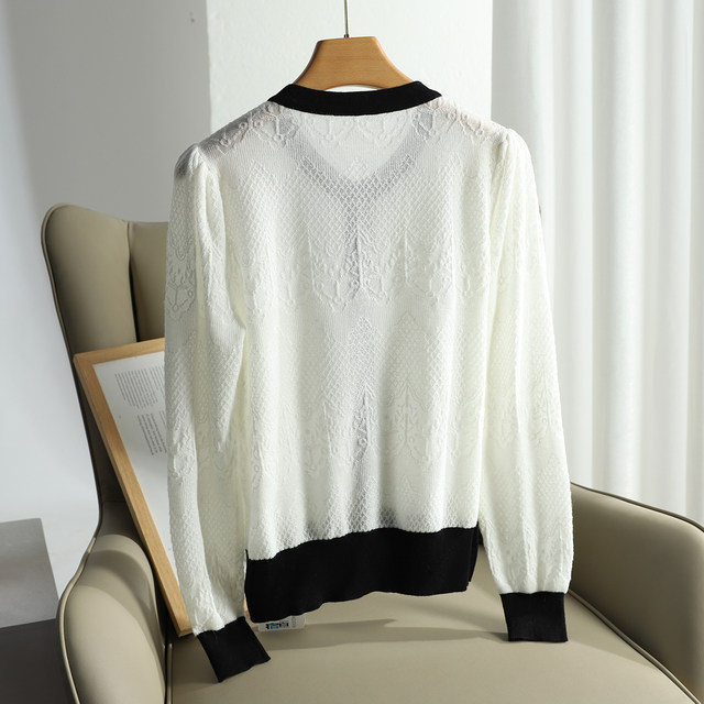 30 Wool Thin Hollow Color Block Long Sleeve Diamond Woven Cardigan Top Summer Women 702