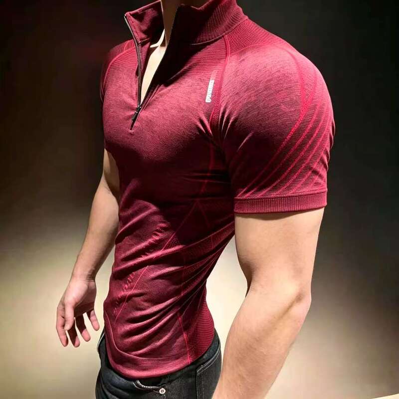 Alpha Men Half-Zip Fitness Short-Sleeved Bodysuit with Cuffs, Quick-Drying, Breathable, Elastic, Slim-Fitting Sports T-Shirt for Men
