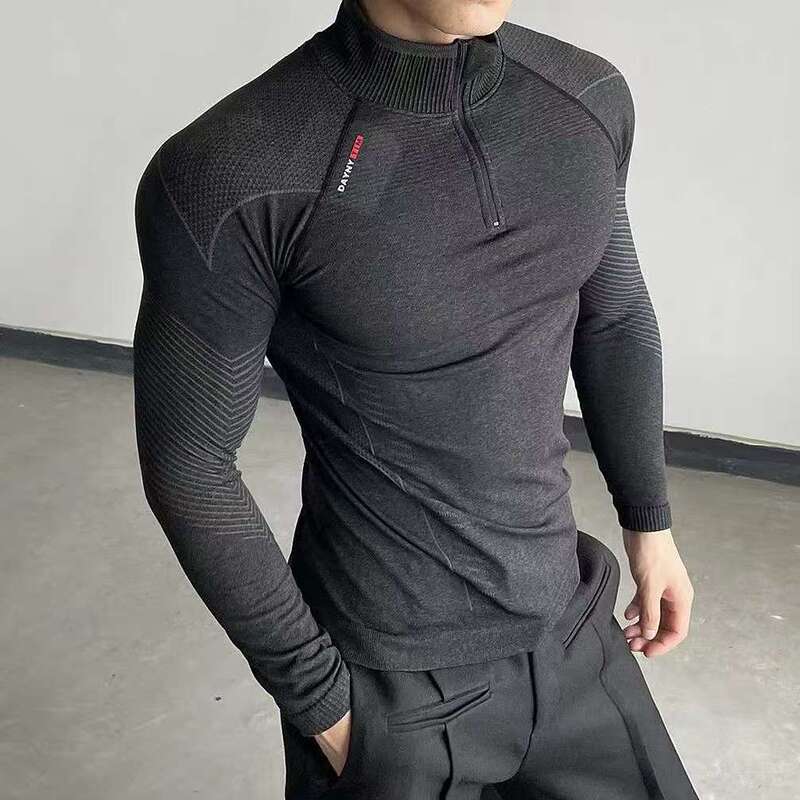 Alpha Men Seamless Fitness Long-Sleeved Bodysuit Shows Muscles, Elastic and Slim-Fitting Half-Zip Sports Training Clothing for Men
