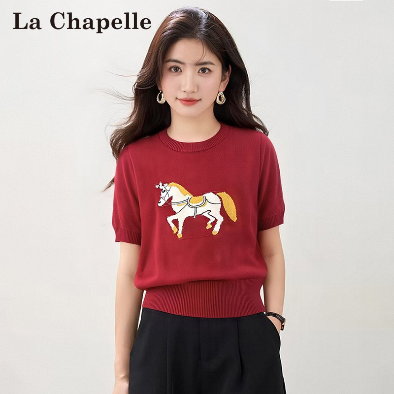 La Chapelle Year of the Horse Pattern Short-Sleeve Knit T-Shirt for Women, Very Stylish and Youthful, Perfect for the Year of Birth