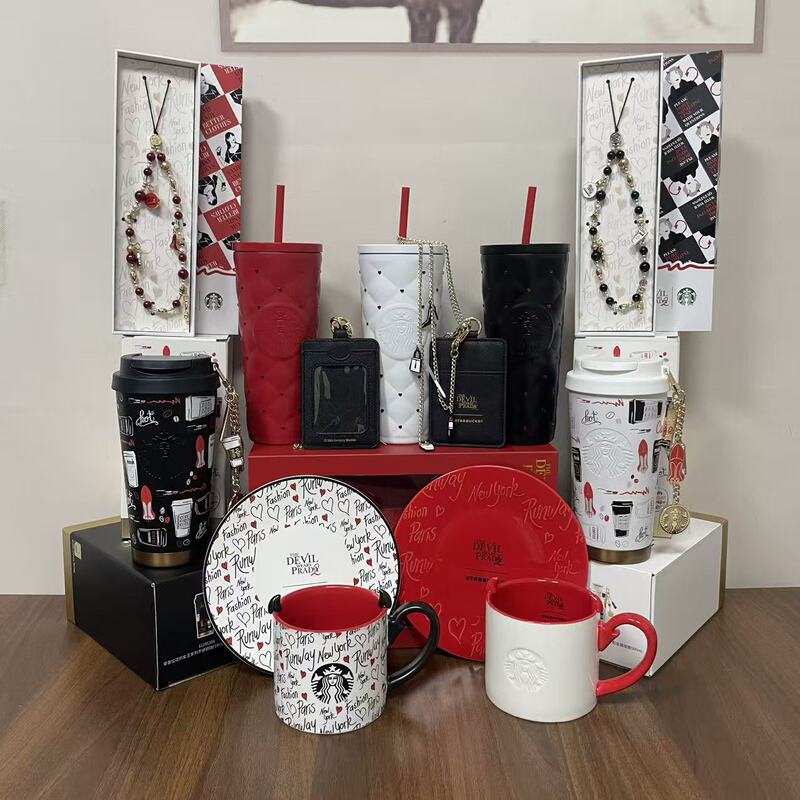 Starbucks 26 New Model Prada Queen Collaboration Diamond-Studded Stainless Steel Travel Straw Cup and Saucer Set Gift Box