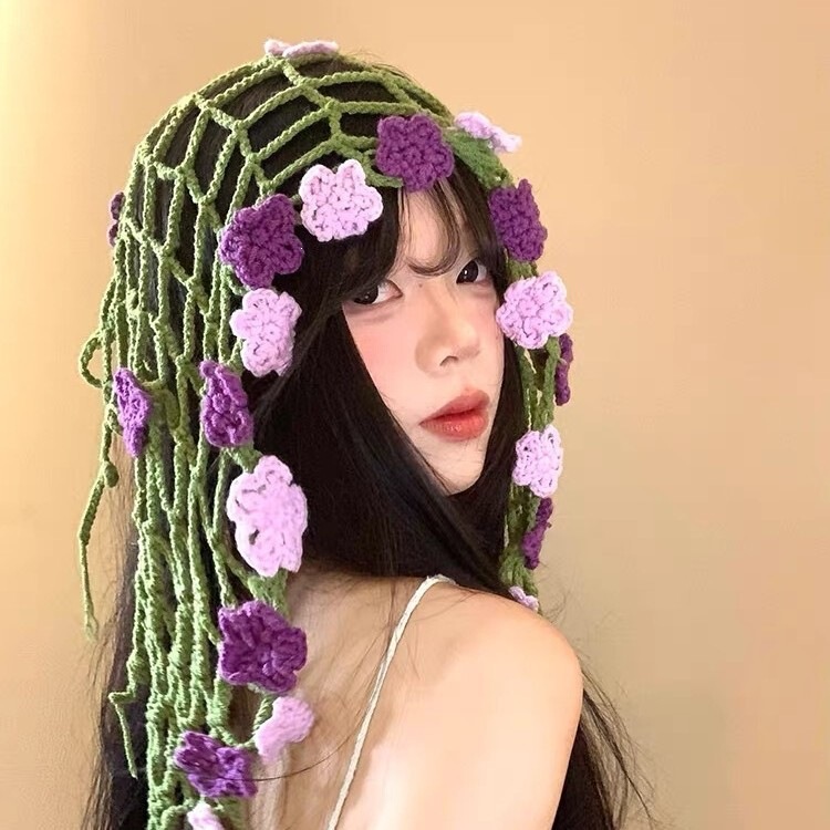 Fairy-Like Waist Scarf, Three-Angle Holiday Floral Pastoral Style Knitted Headscarf, Skirt Paired with Summer Crochet Accessories Fairy-Like Waist Scarf, Three-Angle Holiday Floral Pastoral Style Knitted Headscarf, Skirt Paired with Summer Crochet Accessories