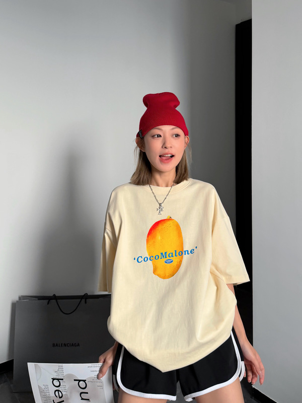 Ccsmini Mango Delight Fun Mango Print Short Sleeve T-Shirt Versatile Pure Cotton Unisex Student Top for Summer