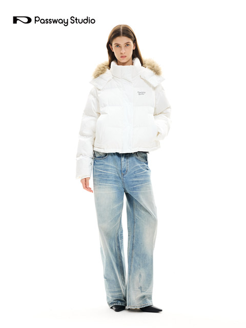 Passway Studio Detachable Hat Fur Collar down Jacket Winter Short Hooded 90 White Duck down