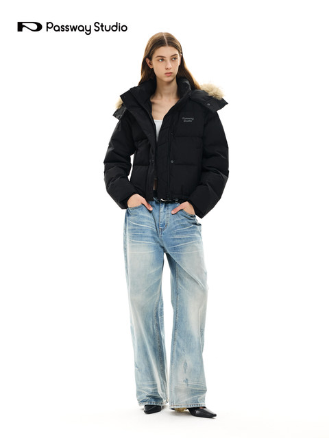 Passway Studio Detachable Hat Fur Collar down Jacket Winter Short Hooded 90 White Duck down