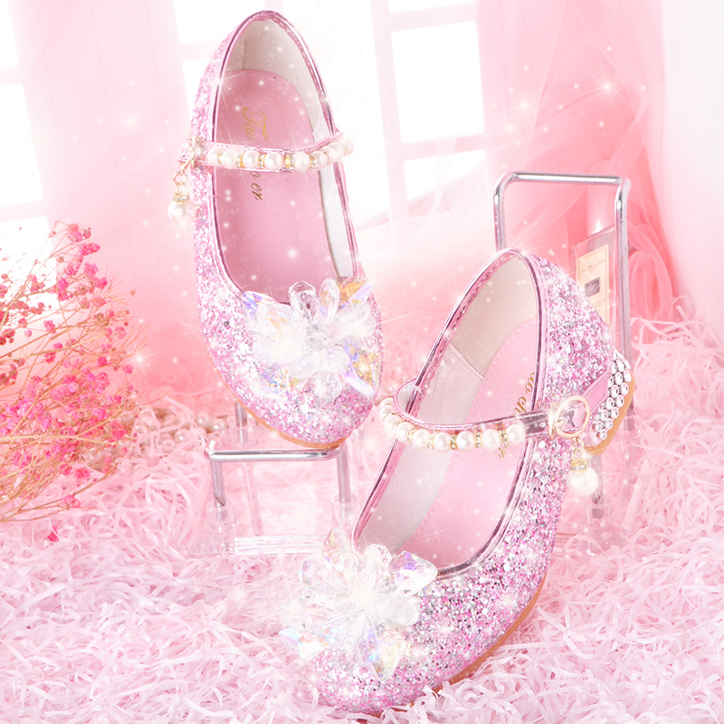 Girls' Leather Shoes, Crystal Shoes, Girls' High Heels for Children Aged 3-12, Elsa Dress, Catwalk, Girls' Princess Shoes, Shiny