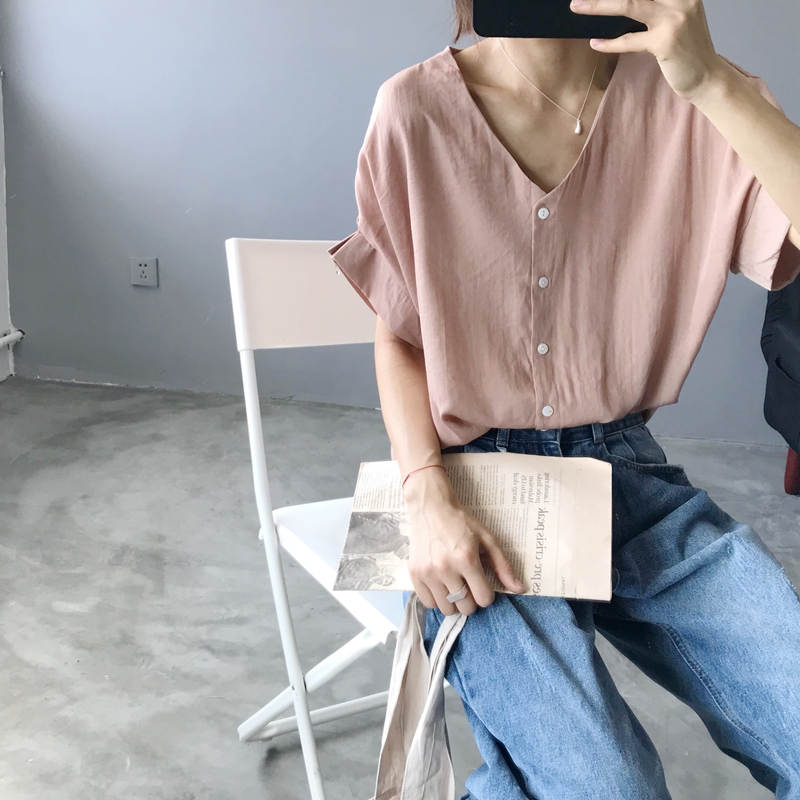 Rất cố định. Khách đồng dây đồng lụa thiết kế v cổ cổ áo của phụ nữ mùa hè mới áo sơ mi màu rắn áo sơ mi voan áo sơ mi oversize nữ tay dài