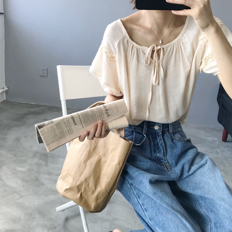 May mắn thay. Tay áo ren khí thanh lịch khâu văn học retro màu rắn ngắn tay gai áo thun voan áo sơ mi caro nữ