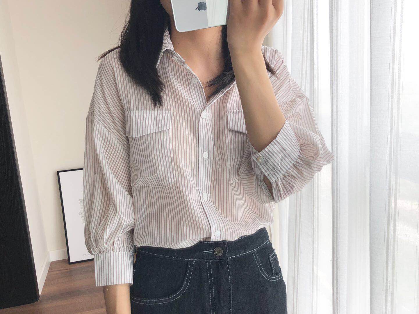 Rất cố định. Retro Hàn Quốc CHIC Tối Texture Sọc Điều Hòa Không Khí Kem Chống Nắng Áo Khoác Khăn Choàng Mặt Trời Bảo Vệ Quần Áo áo sơ mi nữ kiểu đẹp