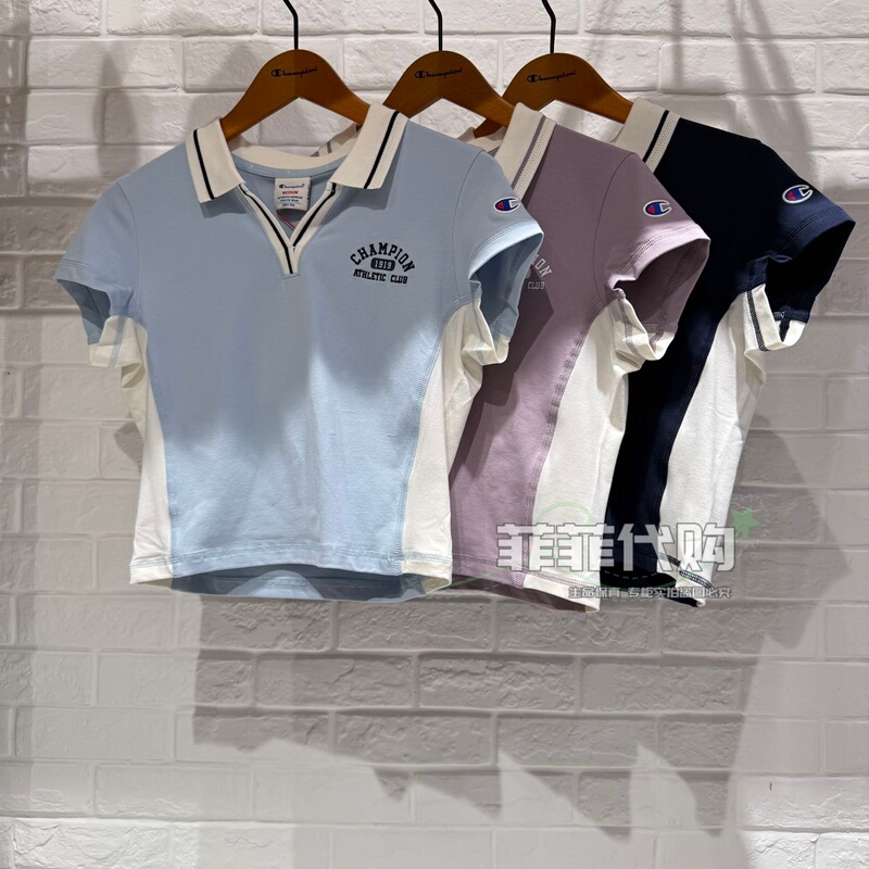 Champion Genuine Product 26 Spring and Summer New Style Color-Blocked V-Neck Polo Shirt Short-Sleeved T-Shirt for Women U6Bposw208