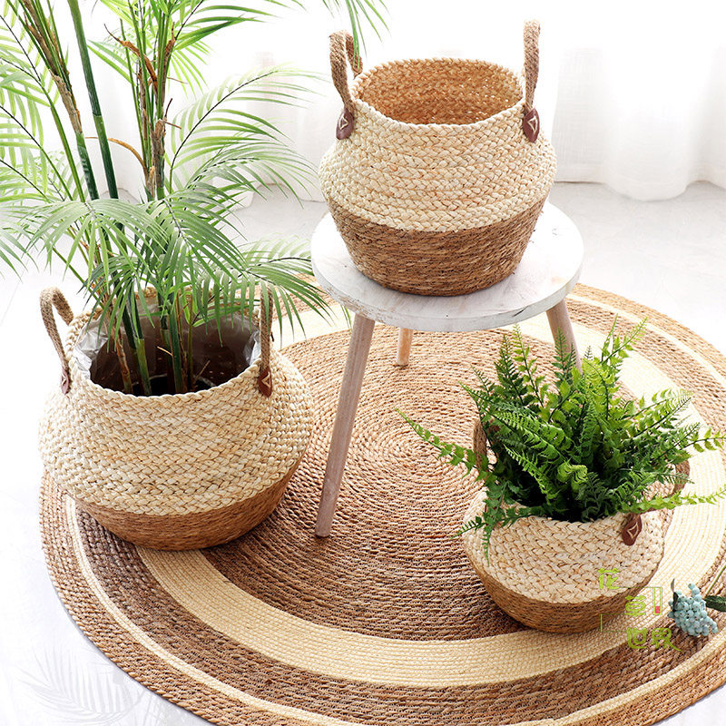 Nordic straw woven rattan woven decorative pot woven flower basket home ornament living room pastoral wind floor large set of pot gardening