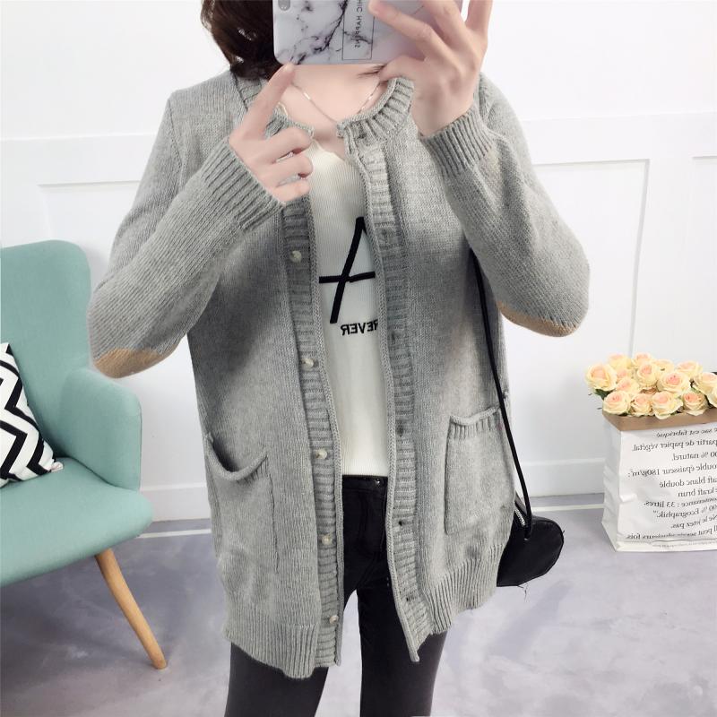 2018 xuân hè Hàn Quốc nút retro màu túi phù hợp với cổ tròn chun đan áo len cardigan áo len nữ áo khoác thủy triều áo khoác len cardigan