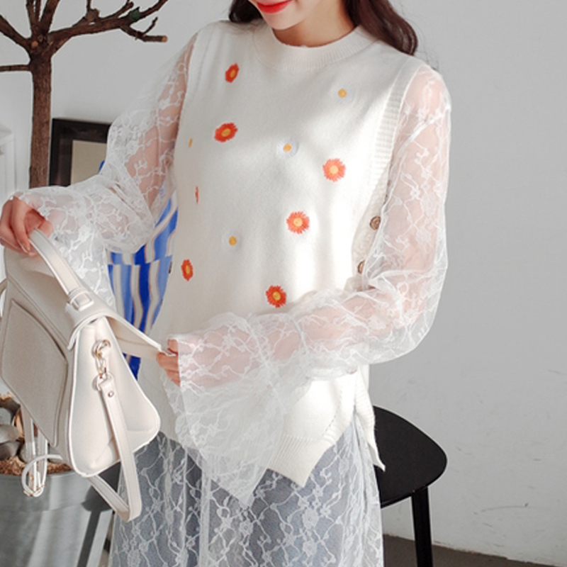 Áo len nữ vest mùa xuân thêu Hàn Quốc phiên bản của mới nhỏ tươi vòng cổ áo len vest vai len vest triều áo khoác dạ nữ ngắn