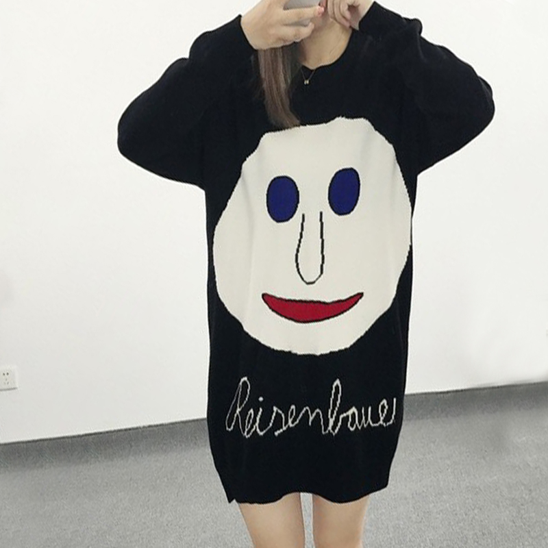 Hàn quốc phiên bản của mùa xuân 2018 mới dài smiley vòng cổ áo thun áo len nữ lỏng lẻo là áo len mỏng dài tay áo triều áo thun