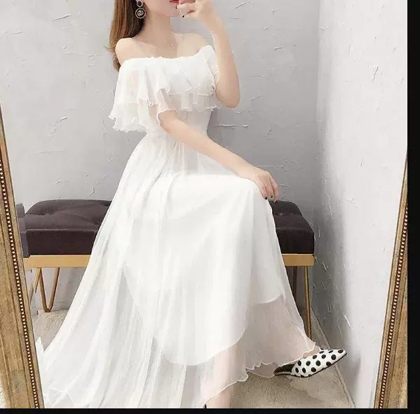 4 Ways to Wear It, 2-Layer Summer Chiffon White Dress, Women's Long Dress, Off-Shoulder Princess Dress, Elegant, Waist-Cinching, Slimming
