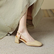 2022 new spring and summer square head heel shoes with shoes with genuine leather Baotou sandal women Jane about 100 hitchhiking single shoes