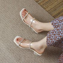 Crystal heel Transparent Sandals Womens Square Head 2022 Summer New Line With High Heel Cool Drag Coarse Heel Wind Slippers