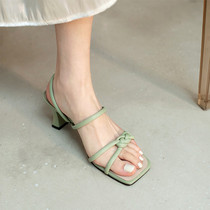 2022 Spring Summer New Head Layer Bull Leather High Heel Shoes Coarse Heel 100 Hitch Female Wind High Heel Shoes Genuine Leather Sandals Women