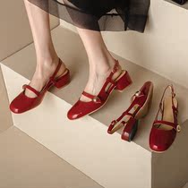 Square Head Coarse Heel Soft Bottom Mary Rare Shoes 2022 Spring Summer New Red Wedding Shoes Banquet Genuine Leather Sandal Women Single Shoes
