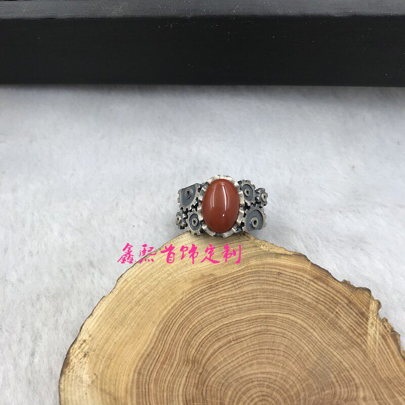 Private custom retro old silver gear ring generation processing inlaid emerald jade honey wax pine stone various types of jewellery