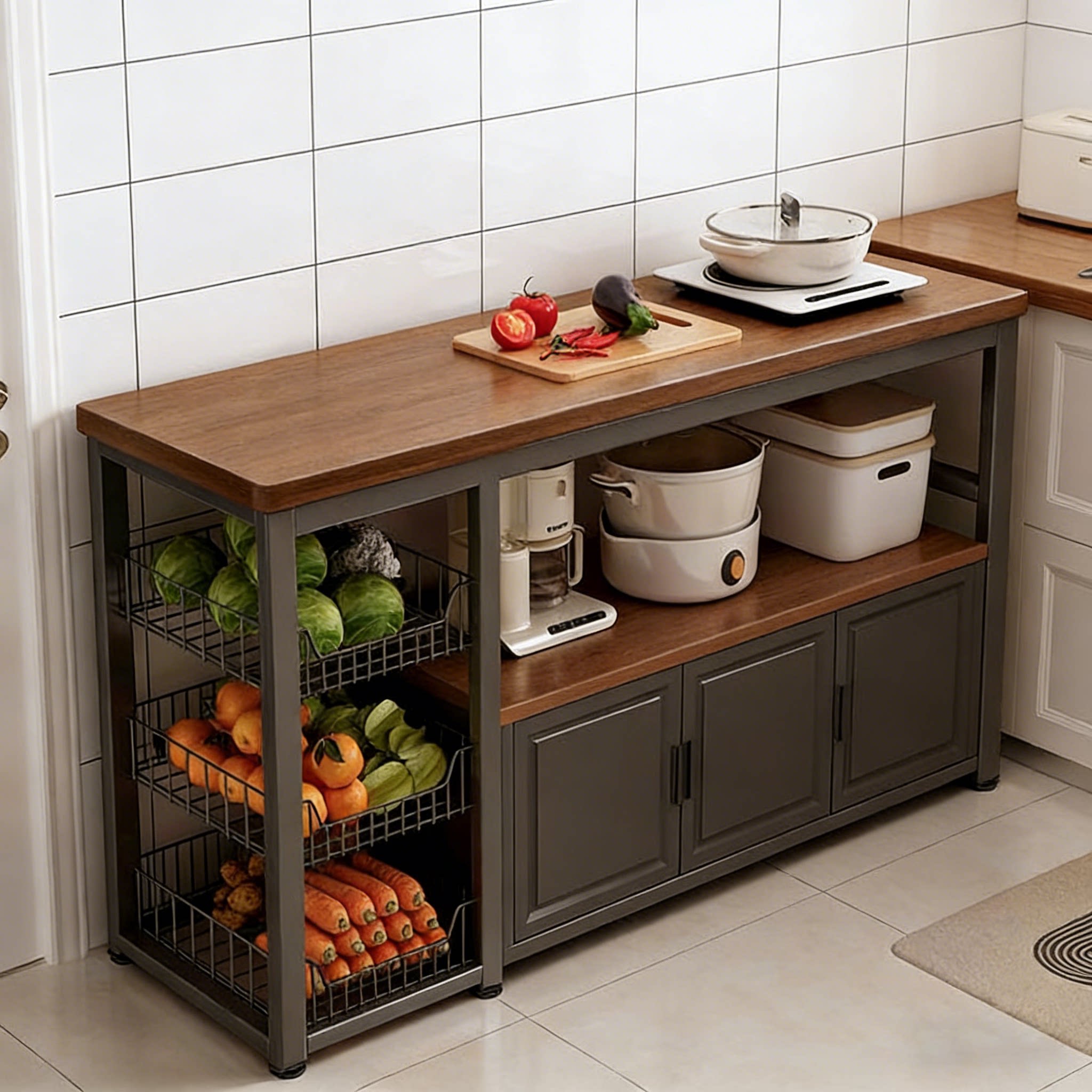菜篮置物架厨房多功能切菜工作台微波炉锅具收纳架边柜多层桌子
