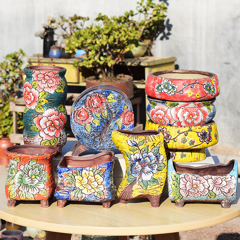 Special Offer: Large Korean-Style Hand-Painted Succulent Flower Pot, Breathable Coarse Pottery, Colorful Painted Yanyi Pot, Unique Old-Stump Succulent Planter