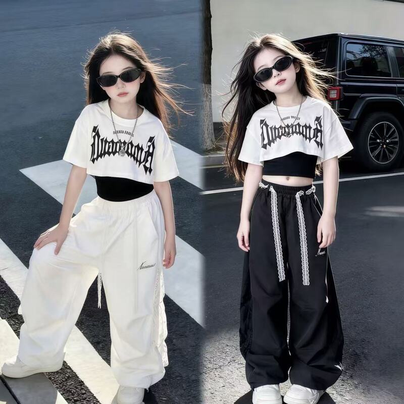 Girls' Short-Sleeved Vest Set 2025 Summer Thin Style for Older Children, Sweet and Cool Style, Quick-Drying Cargo Pants, Jazz Street Dance