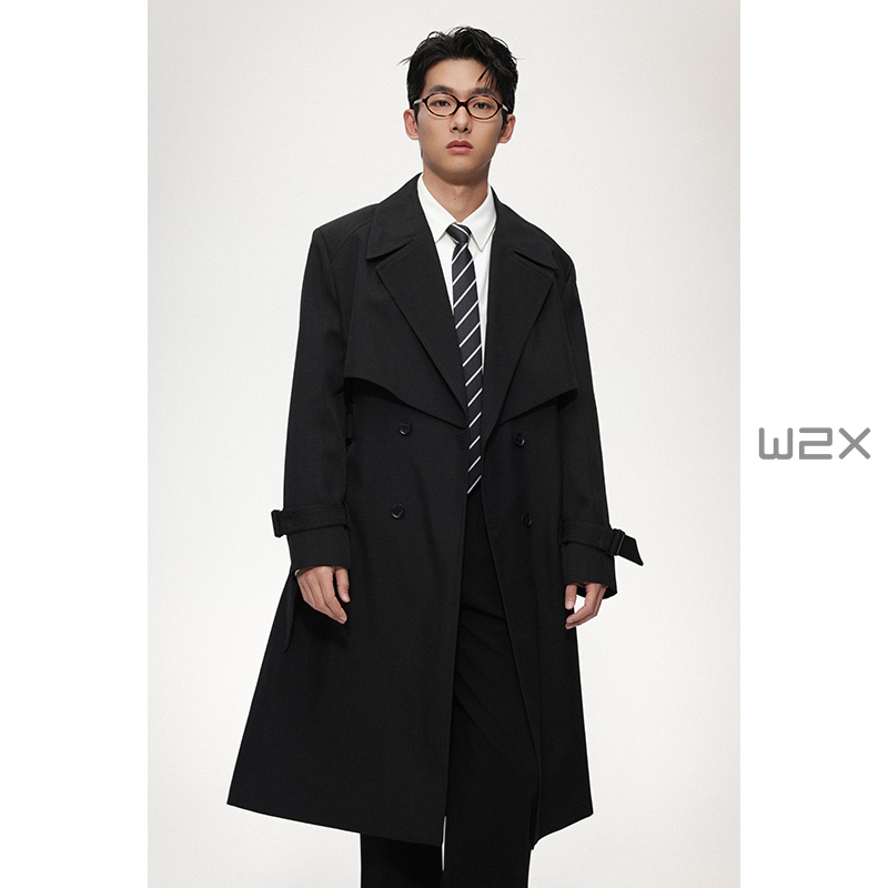 春と秋の新しい韓国風ミドル丈メンズウィンドブレーカー、二重層防風ラミネートゆったりと万能な英国風ブラックジャケット