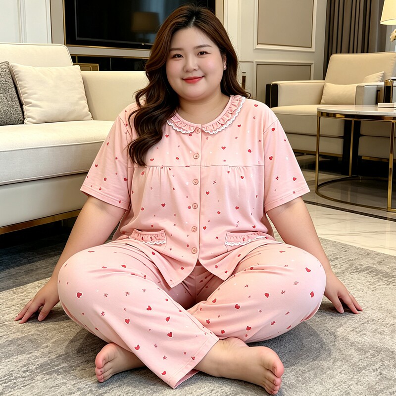 Pure Cotton Pajamas for Women, Summer Thin Short-Sleeved Long Pants, Plus Size, Can Be Worn Outside, 100kg Fat mm Loose-Fitting Loungewear Pure Cotton Pajamas for Women, Summer Thin Short-Sleeved Long Pants, Plus Size, Can Be Worn Outside, 100kg Fat mm Loose-Fitting Loungewear
