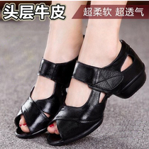 Spring and summer high heel dance shoes womens soft-soled square dance fitness shoes middle and old leather fish mouth sandals breathable dance shoes