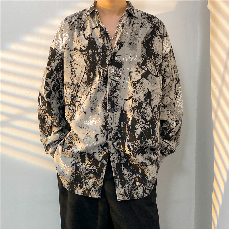 High-End Tie-Dye Shirt for Men, Summer Print Trend ins Cool and Handsome Long-Sleeved Shirt with Drape, Loose Casual Top